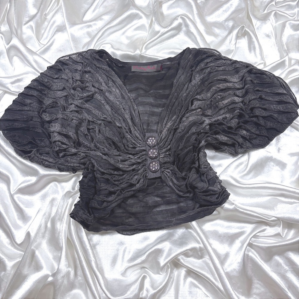 y2k Top Charcoal Grey Excellent Ruffled Tiered Rhinestone Button Whimsygoth